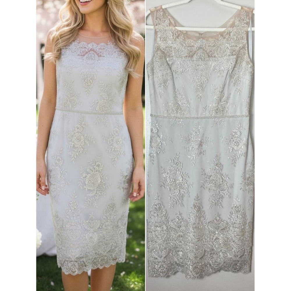 Marchesa Dress 8 Silver Lace Sequin Illusion Cocktail Bridal Whimsical Fairy